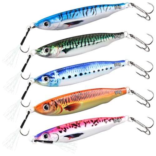 Leurres de Pêche Coulants Imprimés en 3D, WASAGA 5pcs 20g/30g/40g/60g/80g Appâts de Poisson Spinner en Métal Dur pour l'eau Salée et l'eau Douce pour l'Achigan et...