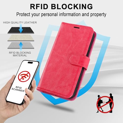 Image of MONASAY Vegan Leather Fit for iPhone 14-Pro 5G Wallet Case, 6.1-inch, [Glass Screen Protector Included] [RFID Blocking] Flip Folio Phone Cover with Credit Card Holder,Hot-Pink