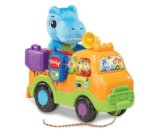 VTech Dino Rescue Truck Pull-Along Truck Role-Play Toy Develops Fine Motor Skills Fun Musical Toy with 3 Songs & 15 Melodies Suitable for Ages 12 18 24 Months English Version