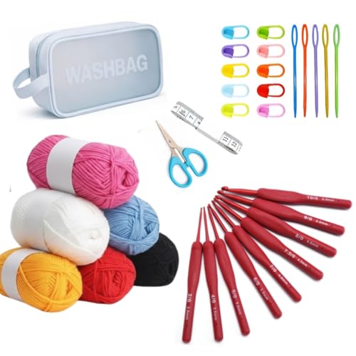 Image of Crochet Set, Premium Crochet Kit for Beginners & Experts | 9 Ergonomic Crochet Hooks, 6 Multi-Color Yarn Balls, Stitch Markers, Tapestry Needles, Scissors, Measuring Tape & Travel Washbag Organizer