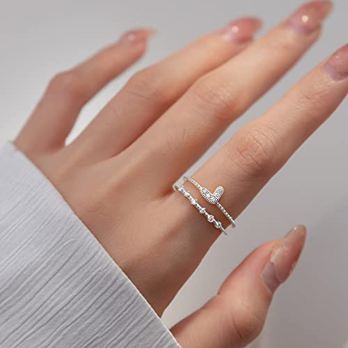 Dtja Layered CZ Heart Promise 925 Sterling Silver Ring for Women Girls Crystal Forever Love Statement Stacking Expandable Open Rings Adjustable Comfort Fit Wedding Valentine Birthday Jewelry Gift2