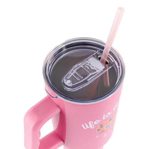 Image of Silver Buffalo Disney Lilo and Stitch inchLife Is A Party inch Stainless Steel Tumbler with Handle, Fits in Standard Cup Holder, 40 Ounces