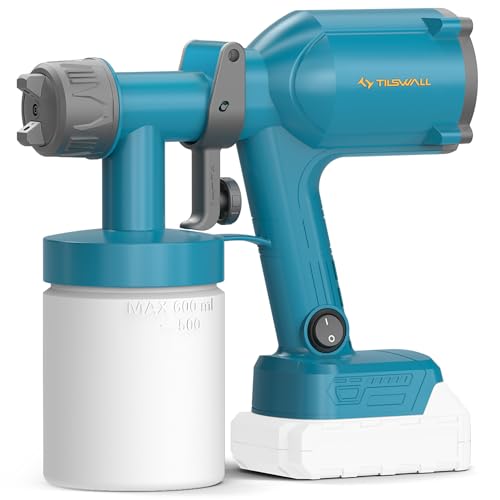 Tilswall Pistola de Pintura Eléctrica - Pistola Pulverizadora Eléctrica Inalámbrica y Ultraligera - Compatible Batería Makita 18V (No Incl.) 600ml, 2 Boquillas & 3 Modos, Para Pintar Paredes y Muebles
