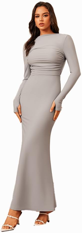 Womens Long Sleeves Backless Maxi Dress Side Split Bodycon Evening Party Formal Dress