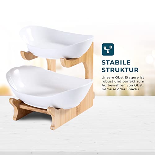 Ironix Fruit Bowl For Kitchen Counter White Ceramic And Natural Bamboo Two Tier Serving Stand, Decorative 2 Tier Fruit Stand For Vegetables & Snacks #TOP3