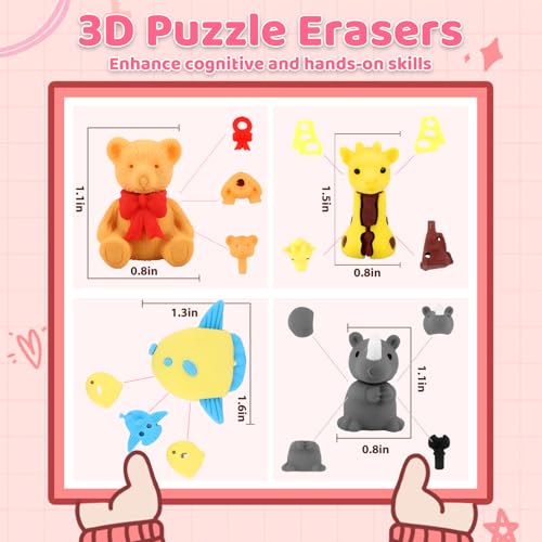 image for URSKYTOUS 90Pcs Animal Erasers Bulk Cute Desk Pets Kids Puzzle Erasers