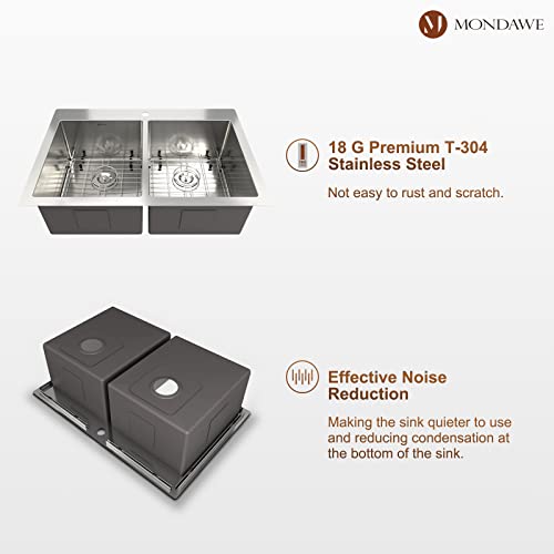 Mondawe 33X22 Kitchen Sinks Drop In, Double Bowl Kitchen Sinks Stainless Steel Top Mount Kitchen Sink With Accessories #TOP6