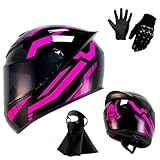 Casco Integral de Motocicleta 2025 con Visera Solar Negra para Adultos, Casco de Moto de Carreras de Calle con Guantes Y MáScara, Aprobado por El Dot(KK15,S(55-56cm))
