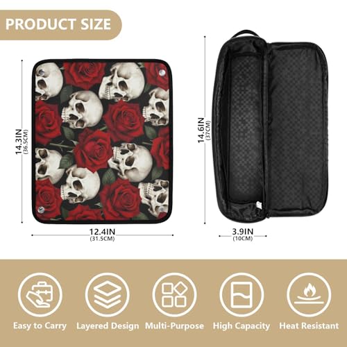 Bolsa de viaje para herramientas de cabello con tapete removible resistente al calor, impermeable, para planchas y rizadores, diseño rosas rojas con calaveras góticas miniatura 4
