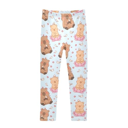 Cute Capybara Flowers Bird Girls Leggings Ultra Soft Compression Yoga Gym Pants for Kids 4-10T