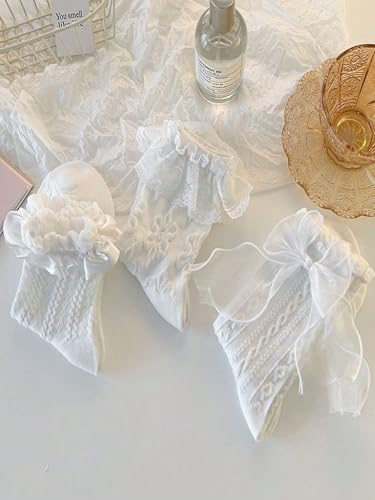 GORGLITTER Women's 3 Pairs Bowknot Floral Lace Ruffle Trim Socks Textured Mid Calf Crew Socks2