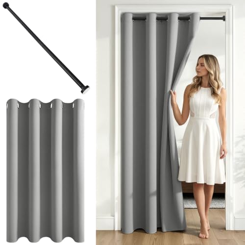 MRTREES Cortina Puerta Gris Claro con Barra Telescópica 1 Pieza 140x210 CM
