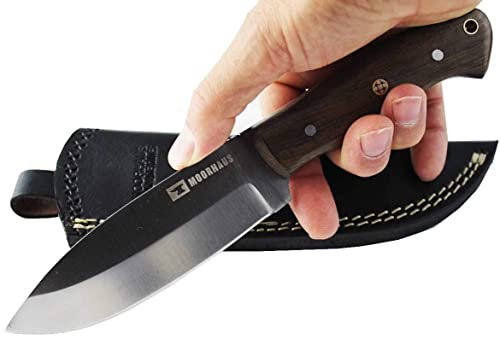 Moorhaus Handmade Full Tang Hunting Fixed Blade Knife D2 Steel - Wood Handle - Great for Camping/Hunting/Skinning/Survival/Bushcraft - includes Leather Sheath