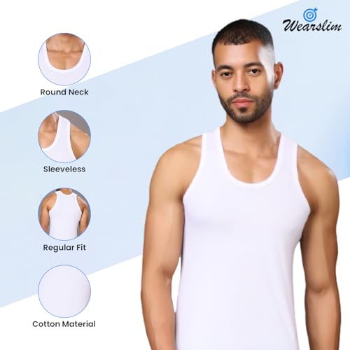 Image of Wearslim Premium Round Neck Super Combed Ultra Soft Cotton Vest for Man, Slim Fit Sleeveless Tank Tops Undershirts for Men with Extended Length for Easy Tuck
