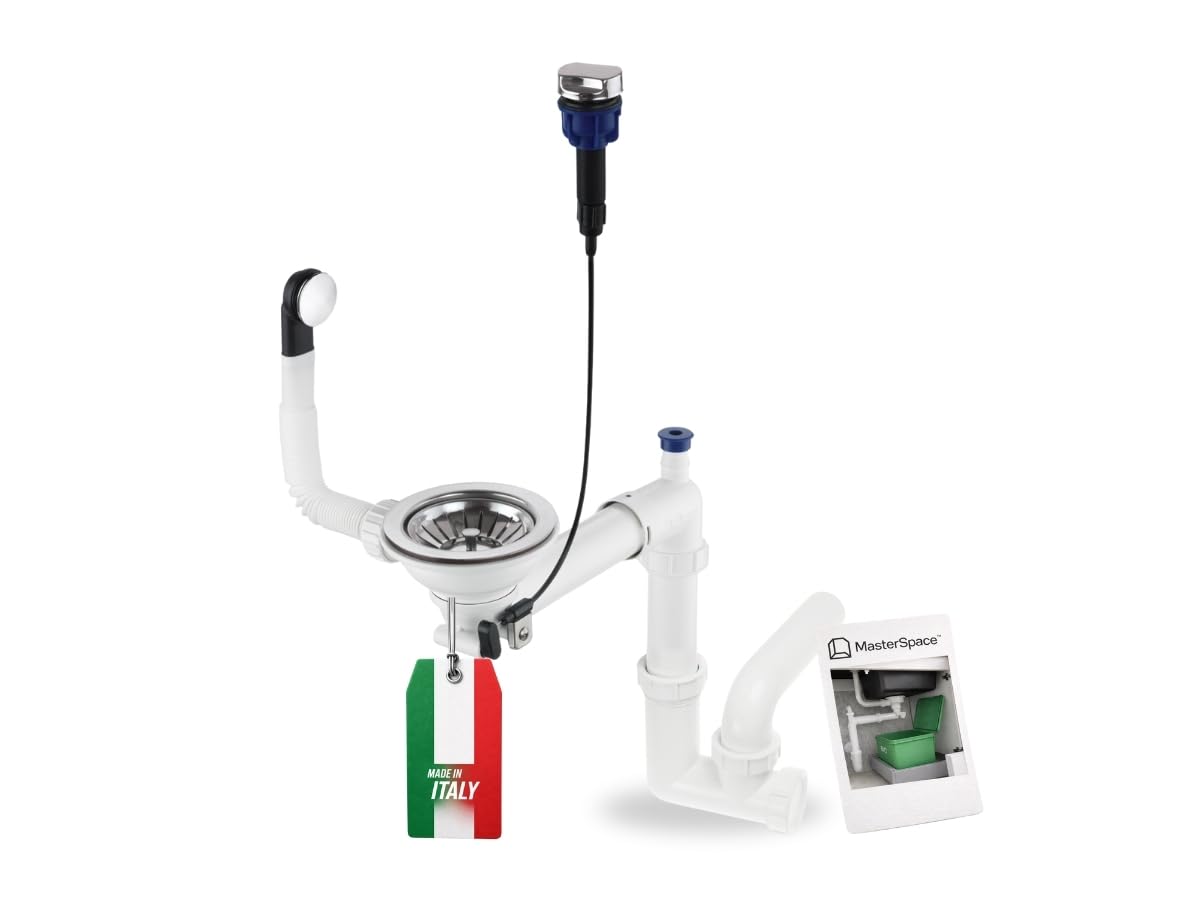 GRANMASTER Sifón automático de 1 cámara con rebosadero, desagüe para fregadero, fabricado en Italia, conexión en la parte inferior: cesta colador de 1 1/2", válvula excéntrica, 30 x 25 x 35 cm