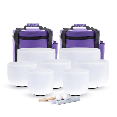 KVKA Kristall-Klangschalen Set, 6-12 inch 432Hz Weiß Frosted Quarz Chakra Sound Healing Klangschalen für Meditation Yoga Entspannung Stressabbau mit Tragetasche