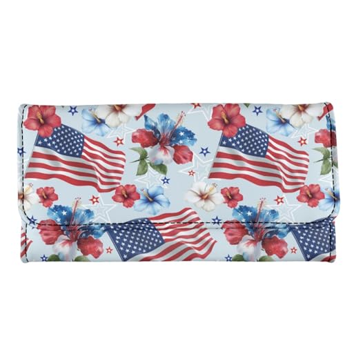 Image of AFPANQZ American Flag Flower Women's Leather Wallet Women Wallets, Soft Leather Trifold Large Capacity Ladies Travel Purse Dust Resistnt Wallet