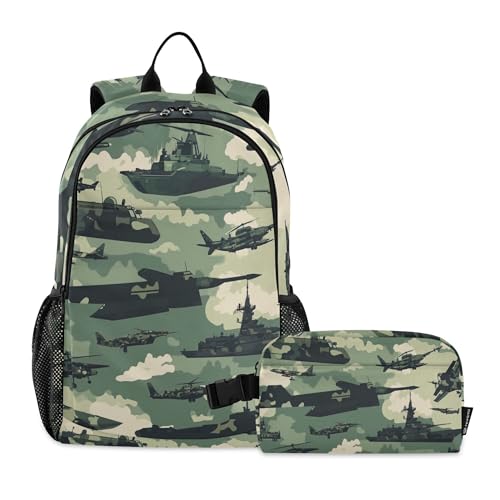Camouflage Airplane Helicopter Tank Backpack with Lunch Bag for Boys Girls Kids Travel School Backpack Set