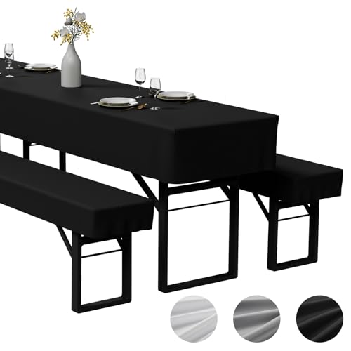 Zdada 3-teilige Bierzeltgarnitur Auflage, Enthält 2 Bierbank Hussen und 1 Biertisch Husse aus Polyestermaterial, Waschbar und Fixierbar Bierzeltgarnitur Hussen für Bankette im Freien（Schwarz 220x70cm）