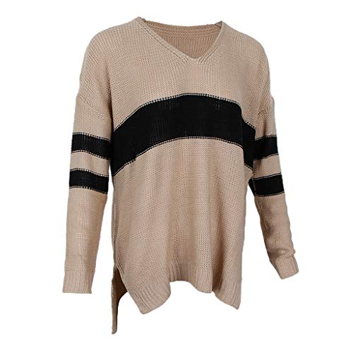 menolana Feminino Casual Cor Bloco Decote em V Manga Comprida Tops Moletom Solto - Cáqui S