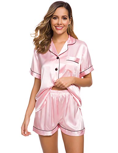 image for SWOMOG Womens Silk Satin Pajamas Set Two-piece Pj Sets Sleepwear Loung