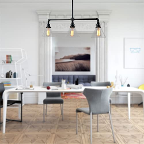 One-Day Sale: Up to 80% Off Unitary Brand Black Metal and Glass Shade Farmhouse Pendant Lighting for Kitchen Island with 3 E26 Bulb Sockets, Industrial Pool Table Lights, Dining Room Pendant Light Fixtures, Hanging Lights