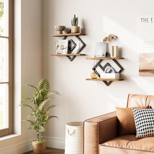 Image of ELYKEN Floating Shelves for Wall, Set of 2 Hanging Shelves, 2-Tier Wall Mounted Storage Shelves for Books & Decor, Perfect for Living Room, Bedroom, Kitchen, Home Office, Study, Rustic Brown