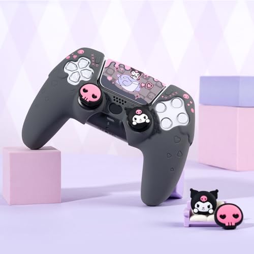 Image of Kuitmor Silicone PS5 Controller Cover Skin Set, Anti-Slip Soft Protective Case for PS5 Wireless Controller with 2 Thumb Grip Caps and 1 Sticker (Black Kuromi)