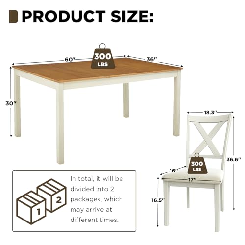 LUXOAK 7-Piece Solid Wood Dining Table Set, 60\" Farmhouse Dining Table with 6 Chairs, Rectangular Table Set for 6, Kitchen & Dining Room Furniture, Distressed Cream - Thumbnail 2