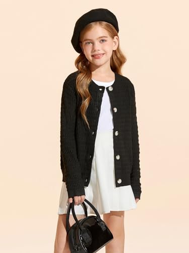 Image of Haloumoning Girls Button Down Cardigan Jackets Kids Long Sleeve Cable Knit Sweaters 5-14 Years Black