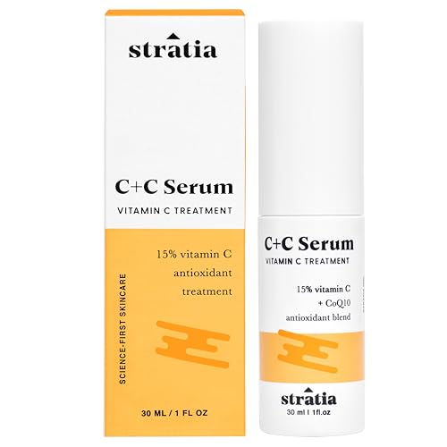 Stratia C+C Vitamin C Serum – 15% Potent Formula with 10% L-Ascorbic Acid for Bright, Even-Toned Skin - Non-Irritating, Water-Free Antioxidant Face Cream, 1 Fl Oz