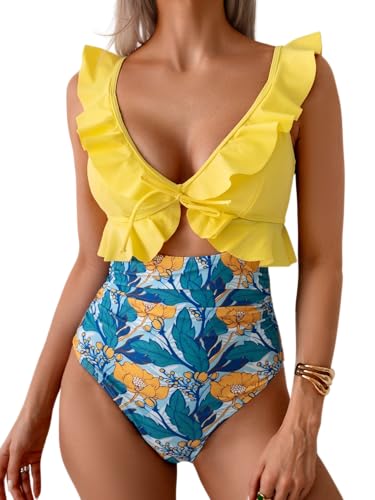 Image of Eomenie One Piece Swimsuit for Women Tummy Control Ruffle Bathing Suit V Neck Ruched Swim Suit Slimming Cutout Swimwear