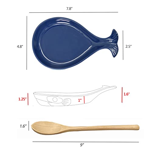 Ceramic Spoon Rest For Kitchen With Wooden Spoon, Whale Shape, Navy, 4.8W X 7.8L #TOP3