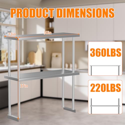 Garvee 12"x30" Stainless Steel Overshelf for Prep & Work Table, 360Lb Capacity Commercial 2 Tier Worktable Shelf, Adjustable Double Overshelf for Restaurant, Kitchen, Garage, Workshop