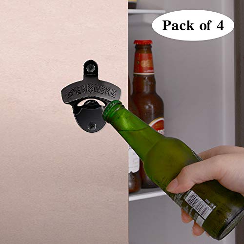 4 Pcs Bottle Opener Wall Mounted, Antique Metal Beer Bottle Top Openers Hardware With Mount Screws Set, Outdoor, Rustic, Cabinet, Vintage Bar (Black) #TOP3