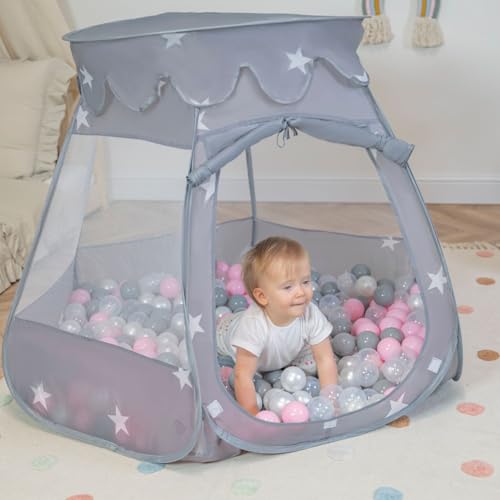 Selonis Baby Spielzelt Mit Plastikbällen Zelt 105X90cm/100 Bälle Plastikkugel Kinder, Grau:Perle-Grau-Transparent-Puderrosa