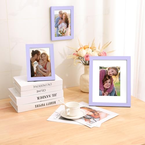decorUhome 5x7 Picture Frame, Display Photos 4x6 with Mat or 5x7 Unmatted, Engineered Wood Frame with Plexiglass for Wall and Tabletop Display, Purple, Set of 1