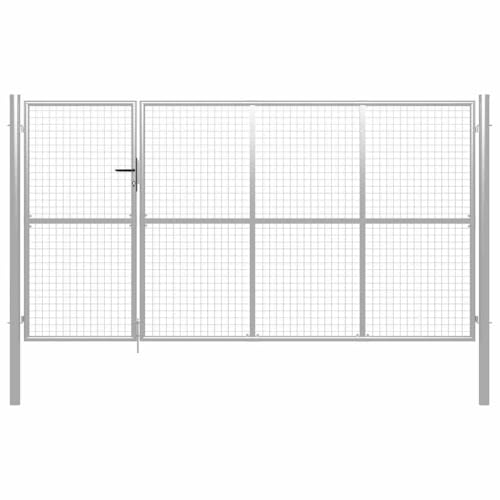 QUAHEAS Puerta de jardín de acero de 350 x 200 cm, color plateado con malla de alambre, se puede cerrar con cerradura y mango, poste galvanizado de 6 cm, resistente para jardín, patio, privacidad