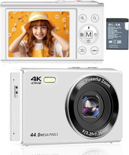 Digital Camera, FHD 4K Vlogging Camera Autofocus 44MP Digital Camera with 16X Digital Zoomd YouTube Portable Compact Small Camera Teens Adults Students Seniors