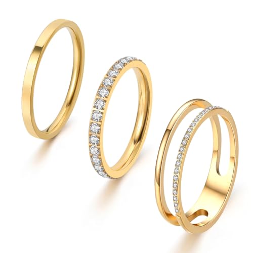 Jarlinwel 18K Gold Filled Rings for Women Dainty Cubic Zirconia Dual Stacking Stackable 3 Rings Set...