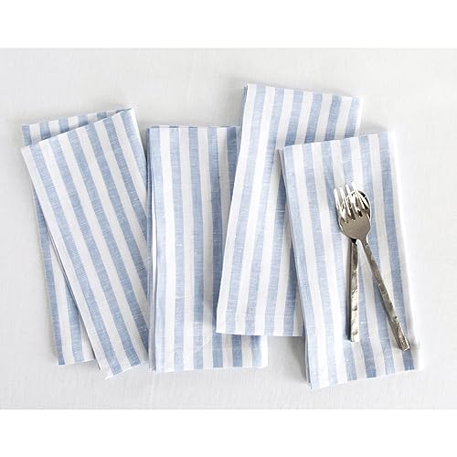 Image of Solino Home 100% Linen Napkins, 20 x 20 in, Blue and White Stripe, Set of 4 | Amalfi Stripe, a finishing touch for meals, weddings and holidays, European flax fibres, machine washable, OEKO-TEX Certified