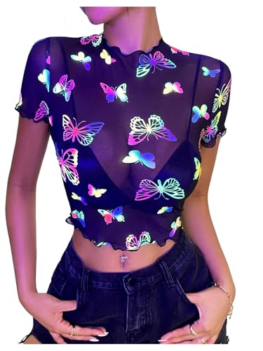 SHENHE Women's Sheer Mesh Reflective Rave Top Y2k Butterfly Round Neck Short Sleeve Crop Top