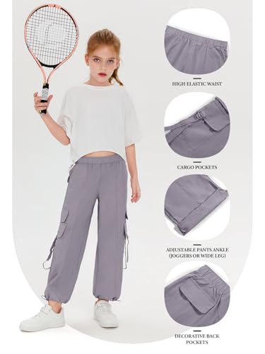 Image of Haloumoning Girls Parachute Pants Kids Wide Leg Cargo Pants Y2K Street Trousers with Pockets 5-14 Years