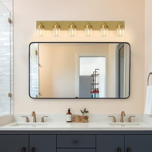 Image of IZORRO Bathroom Vanity Light Fixture, 6-Light 46 Inch Gold Bathroom Light Fixtures Over Mirror, with Clear Glass Shade, Modern Farmhouse Vanity Lights, Rustic Restroom Lighting Fixtures