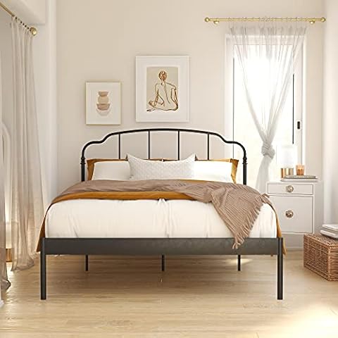 REALROOMS Camie Metal Bed, Adjustable Base Height, No Box Spring Needed, Queen, Black Cover