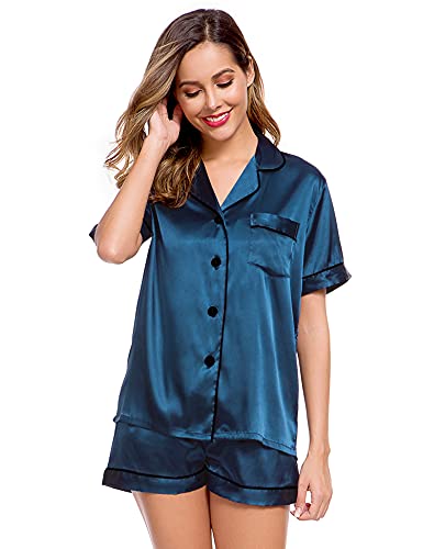 Image of LecGee Womens Silk Satin Pajamas Set Short Sleeve Sleepwear Button Down Nightwear Soft Pj Lounge Sets