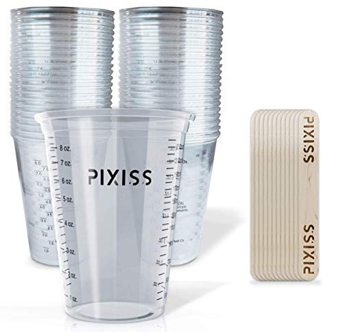 Pixiss Disposable Epoxy Resin Mixing Cups with Measurements (50-Pack) Mixing Cups for Mixing Containers, Epoxy Cups For Epoxy Measuring Cups - 20 Resin Mixing Sticks