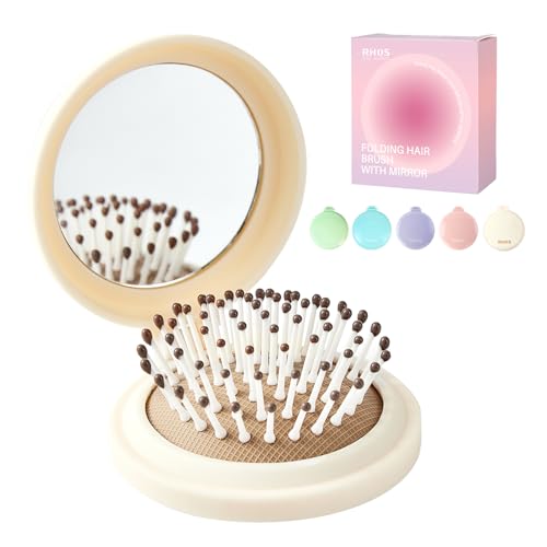 RHOS Compact Foldable Hair Brush with Mirror for Women, Men & Kids - Small Pocket & Portable Travel Brush (Beige)