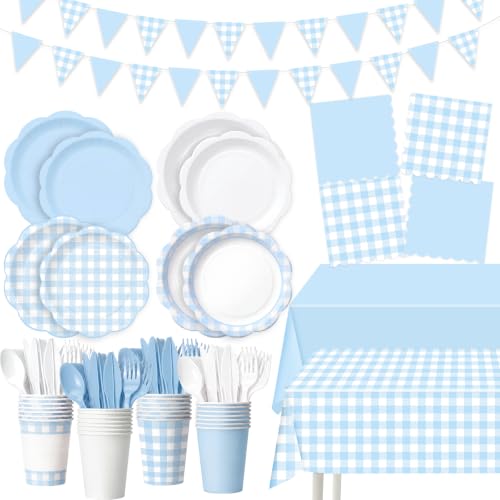 Ceenna 392 Pcs Blue Gingham Paper Plates Napkins Cup Party Supplies for 48 by Ceenna - Used condition - US$31.76