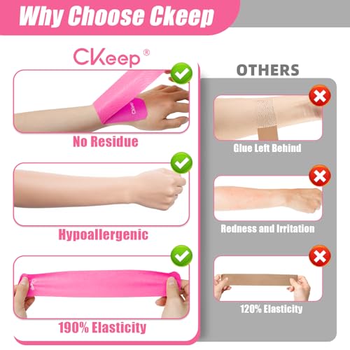 Image of CKeep 4 Rolls Kinesiology Tape, Original Cotton Elastic Athletic Tape, 20 Precut 10 inch Strips Each, Pink, Ideal for Muscle Support & Injury Prevention